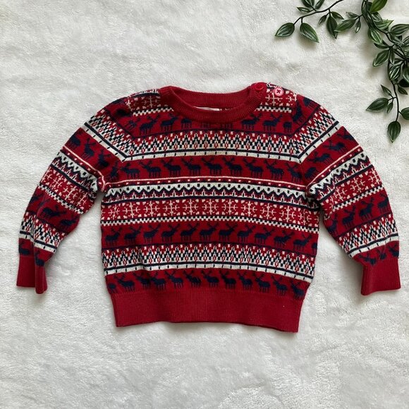 Joe Fresh 6-12M Fair Isle Holiday Sweater Red Navy Reindeer EUC Baby - Picture 1 of 14